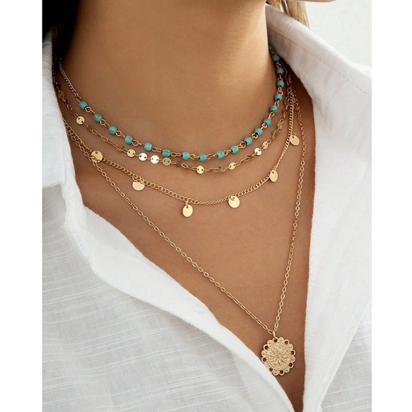 Luxe Gold Tone Blue Bead Multilayer Necklace - Picture 1 of 2